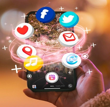 Mobile phone holding in a hand surrounded by social media icons