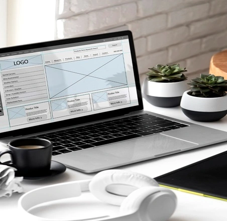 An open laptop surrounded by a cup of tea . a headphone and 2 interior plants on a table