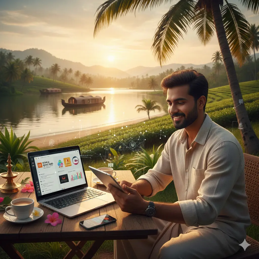 man sitting near to lake sitting on a chair using laptop on a table